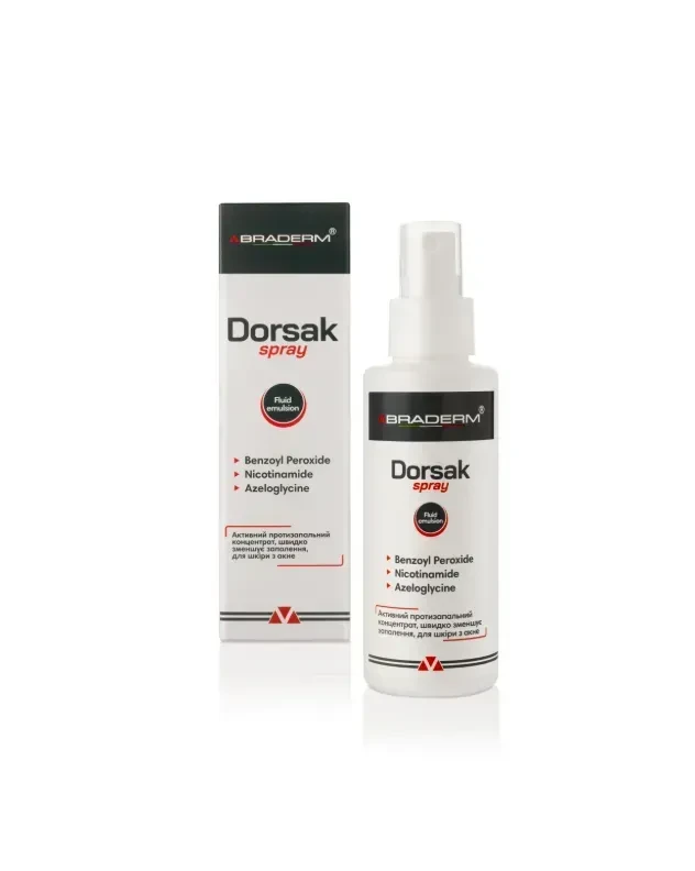 Активний протизапальний спрей з бензоїл пероксидом 6% Braderm Dorsak Spray, 100 мл